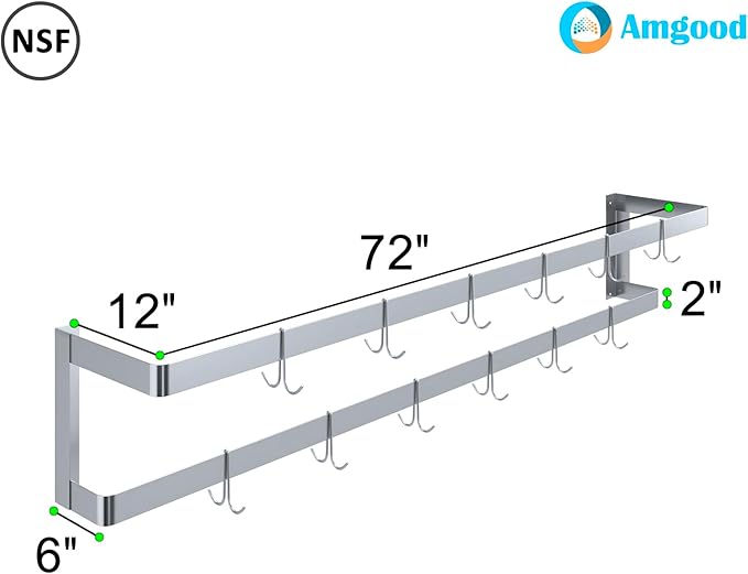 AmGood 72 in. Wall-Mounted Stainless Steel Single-Line Pot Rack. Includes 12 double pring hooks