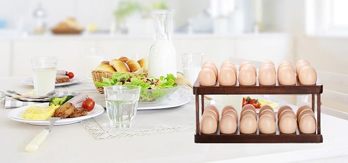 Acacia Wooden Double Layer Egg Holder, 36 Capacity Farmhouse Kitchen 2 Tier Fresh Egg Storage Rack Basket, Deviled Eggs Plates Eggs Tray Organizer for Countertop