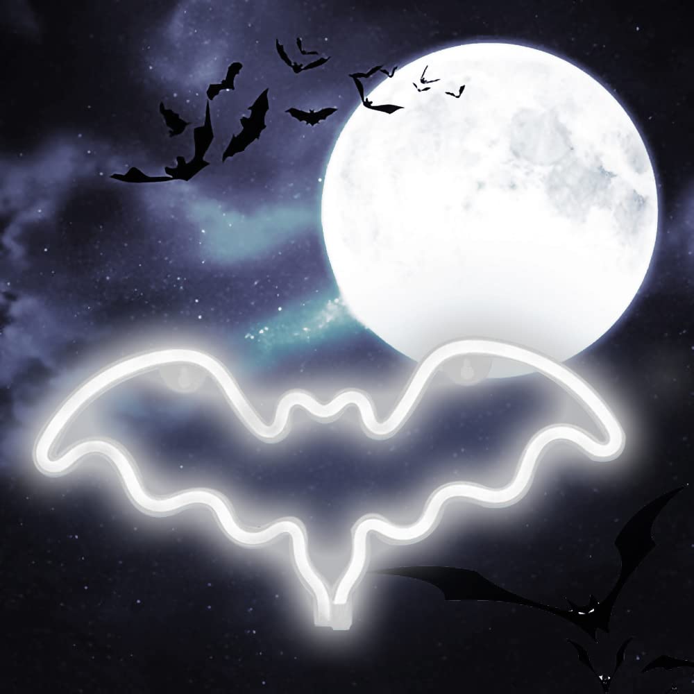 Vicila LED Neon Bat Sign Halloween Night Light, Plastic, 39.4L x 7.1W, White, Model 01, Spooky Wall Decor for Teens and Parties