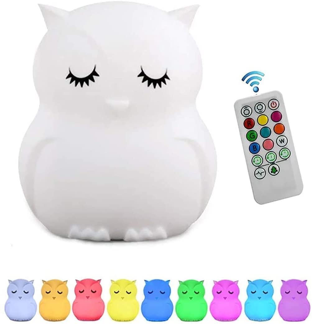 Tianhaixing Big Owl Night Light - Rechargeable Led Silicone Lamp, Adjustable Brightness, 9 Colors, White, Model Thx8859-6