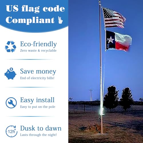 Solar Flag Pole Light 3 Super-Spotlights LEDs, Adjustable Metal Clamps Fits 2-6''Flag Poles, IP65 Waterproof Outdoor Solar...