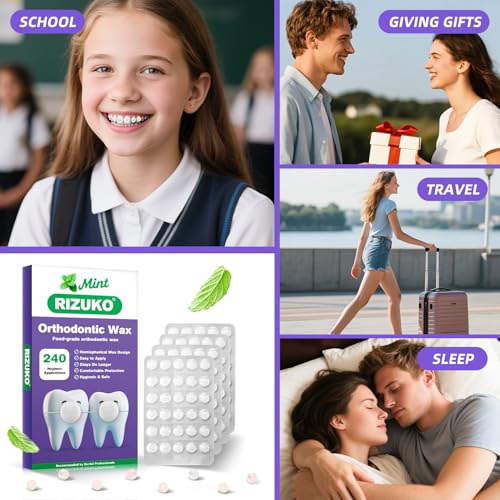 RIZUKO Orthodontic Wax for Braces - 240 Dental Wax Dots | Hygienic Individual Wraps, Mint Flavor
