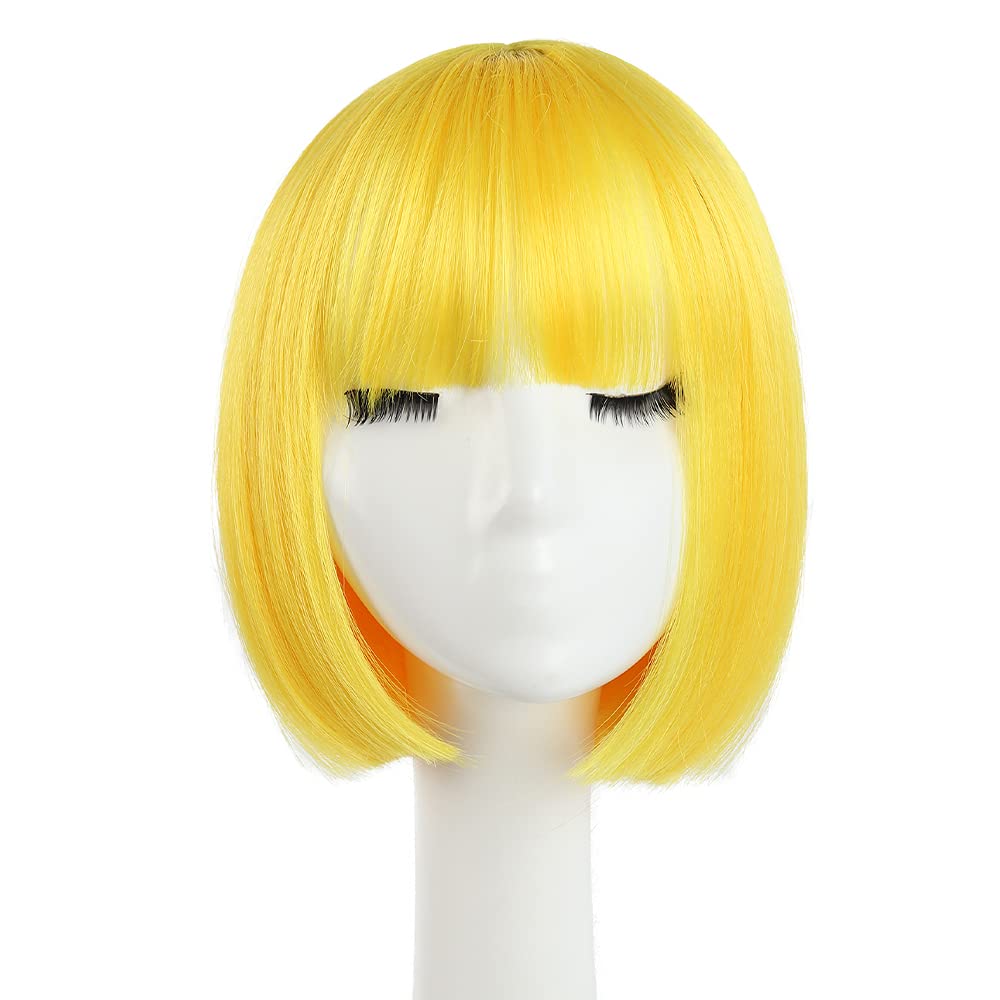 HSPCYGG Short Yellow Bob Wig with Bangs, 10" Synthetic Cosplay Hair for Women and Girls, Model 2002-Yellow