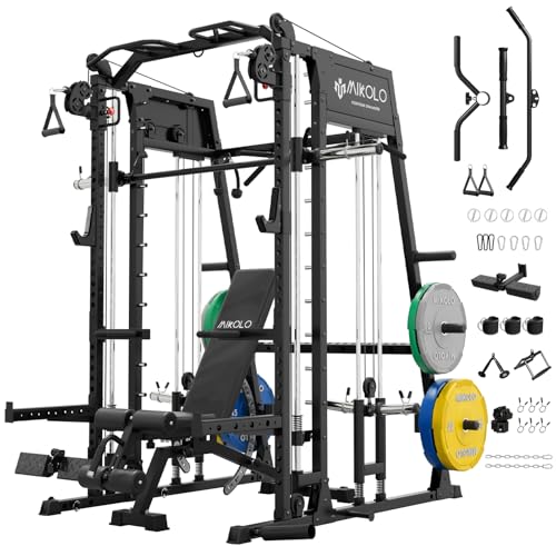 Mikolo Smith Machine, 2200lbs Squat Rack with LAT-Pull Down System & Cable Crossover Machine, Training Equipment with Leg ...