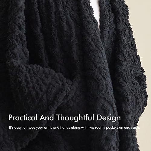 Royoliving Fuzzy Sherpa Wearable Fleece Blanket with Pockets for Adults, Ultra Soft Plush Shawl Throw Blankets (Black, 5...