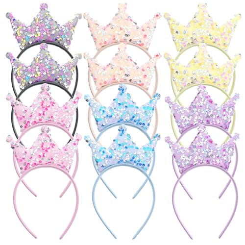 Grevosea 12 Pcs Princess Crown Headbands, Glitter Sequin Crown Headband Sequin Tiaras and Crowns Hair Accessories for Girl...