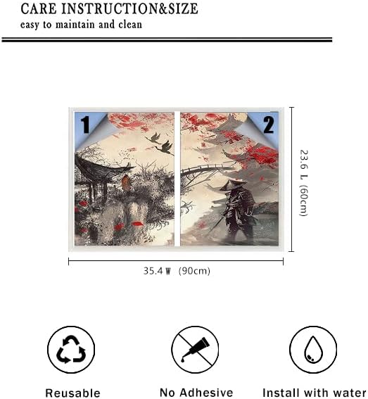 Vintage Japanese Samurai Air Window Film Watercolor Ink Ancient Cherry Blossom Red Sunblackout Window Film,Playroom Window Film 17.7Wx23.6L-Inch X2Pcs
