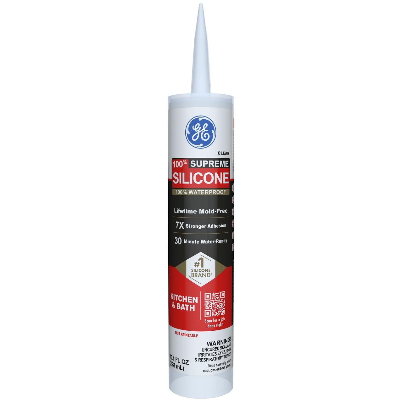GE Supreme Silicone Caulk for Kitchen & Bathroom, Clear, 10 fl oz Cartridge, 1 Pack - 100% Waterproof Silicone Sealant, 7X Stronger Adhesion, Shrink & Crack Proof