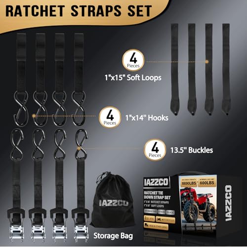 IAZZCO Ratchet Straps - Heavy Duty Tie Downs Straps - 1 Inch x 15 Feet 4 Pack - Safety S Hooks & Soft Loops, 1800LBS Break...