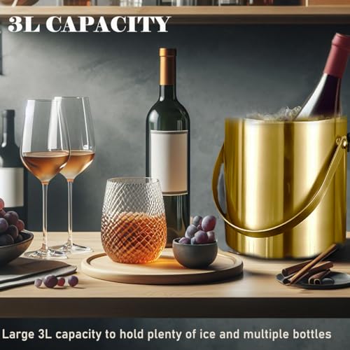 Sipoyen Gold Ice Bucket with Lid, Handle and Tong Insulated Stainless Steel Champagne Bucket 3L Wine Bucket for Party Bar ...