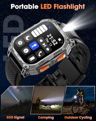 Military Smart Watches for Men, 2.01" HD Smartwatch with 1000 mAh Battery/2 Straps/Answer/Make Call/Led Flashlight/Heart R...