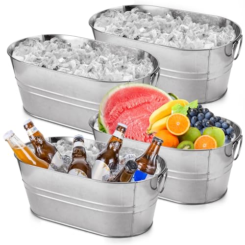 MIVIDE 4 Pack Galvanized Tub 3 Gallon Ice Bucket Large Metal Champagne Drink Bucket with Handles Galvanized Ice Buckets fo...