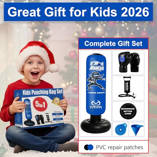 Marwan Sports 5-in-1 Inflatable Punching Bag for Kids – 63" Karate Toy Set with Boxing Gloves, Durable Fast Rebound, Activ...