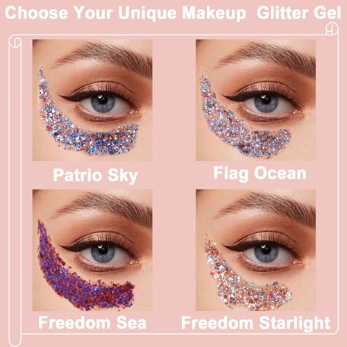 Boko 50ML Body Glitter Gel, Red White Blue 4th of July Chunky Glitter for Face Hair Body Makeup, Patriotic Glitter for USA...