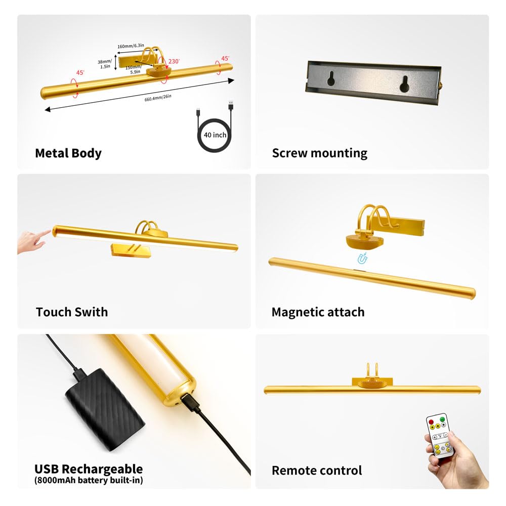Tiaueu 26 Wireless Picture Lights  Rechargeable Battery Art Display Light With Remote Control  Dimmable/Timer Off Dartboard Light  3 Lighting Modes Full Metal discomfort-reducingting Display Lights (Gold-1 Pack)