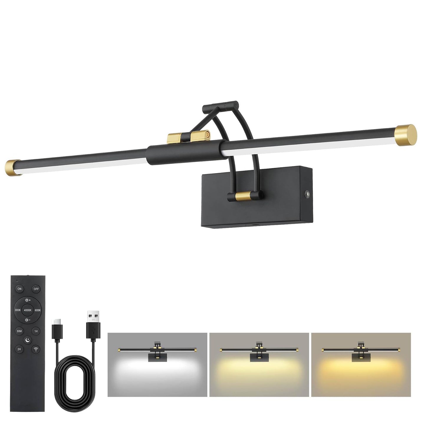 24“ Picture Lights for Wall Battery Operated, Wireless Picture Lights with Remote, Rechargeable Wall Light 3000K/4000K/6000K Dimmable, Art Lighting for Paintings Frame Gallery Dartboard, Black Gold