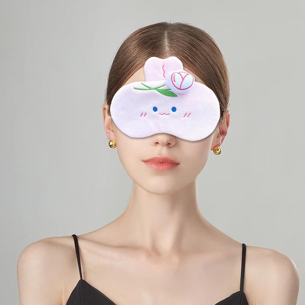 PERFECTSIGHT Rabbit Sleep Eye Masks, Cute Plush Sleep Eye Cover Lightweight Adjustable Eyeshade Faux Fur Mask Cover for Women Men Sleep Travel Nap, Pink Bunny Tulip