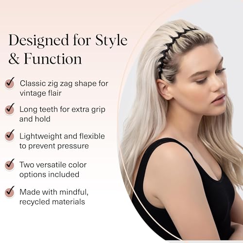 Kitsch Zig Zag Headbands for Women Non Slip – Fashion Accessories for Slicked Back Styles - Comfortable Comb Headband with...
