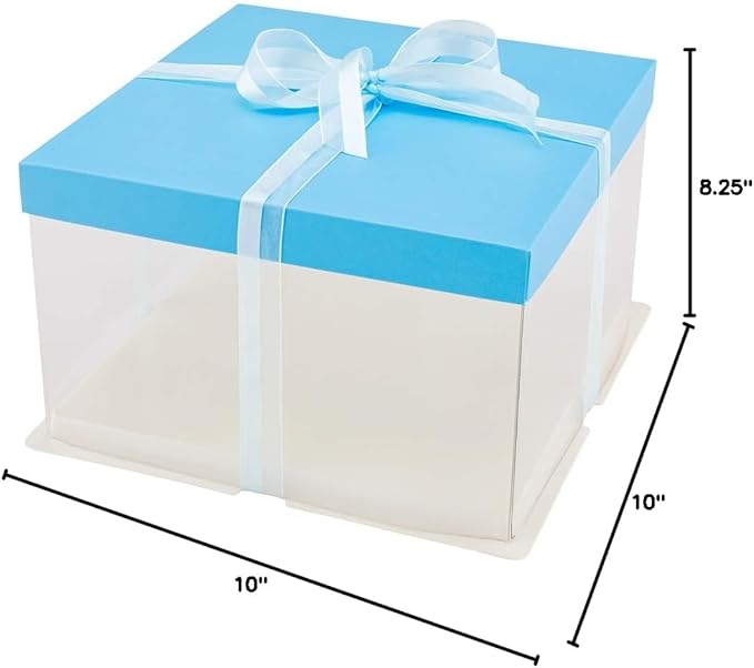 Restaurantware-Sweet Vision 10 Inch x 8.25 Inch Transparent Cake Boxes, 10 Grease Resistant Base Clear Cake Boxes - Blue Lid, Blue Ribbon, Plastic Birthday Box, For Weddings Or Birthdays