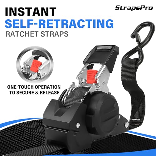 Retractable Ratchet Straps, 1763lb Break Strength Heavy Duty Auto Self Retracting Ratchet Strap with Soft Loops, 1 Inch x ...