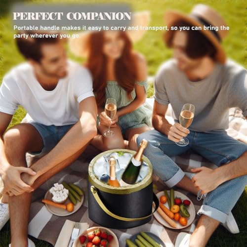 Sipoyen Ice Bucket with Lid, Handle and Tong Black Gold Insulated Stainless Steel Champagne Bucket 2L Wine Bucket for Part...