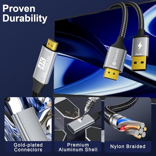 Active HDMI to DisplayPort Cable (4K 60Hz,1080p@120Hz) 6FT Uni-Directional HDMI Source to DP Monitor Adapter Display Port ...