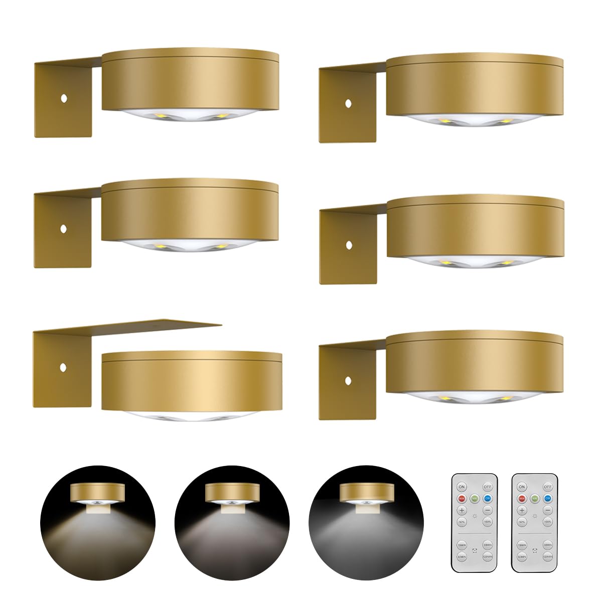 Xuolder 6-Pack Battery Operated Picture Light, Remote & Dimmable, Gold, Model xu36, Plastic, Wireless Wall Decor Puck Lights