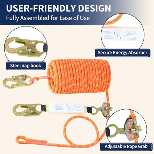 Meyoppm 50ft Vertical Lifeline Assembly, Heavy Duty Fall Protection Safety Rope with Rope Grab, Steel Snap Hooks & Shock A...