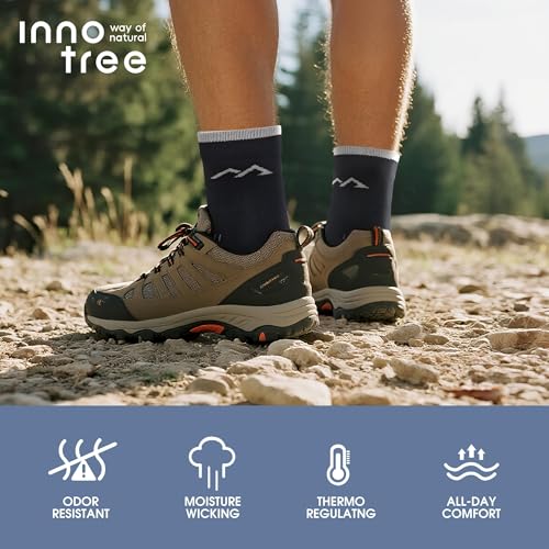 innotree 3 Pack Men's Merino Wool Hiking Socks, Micro Crew Cushioned Hiking Walking Thermal Moisture Wicking Trekking Socks