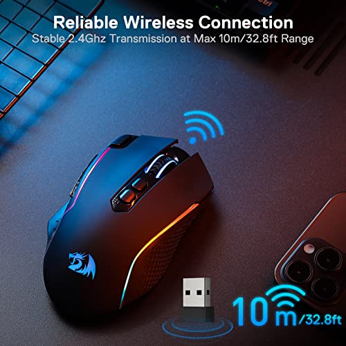 Redragon M810 Pro Wireless Gaming Mouse, 10000 DPI Wired/Wireless Gamer Mouse w/Rapid Fire Key, 8 Macro Buttons, 45-Hour R...