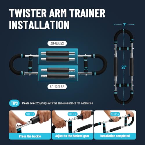 Twister Arm Trainer with 4 Springs, 30-120lb Adjustable 6 Resistance Levels Twister Arm Chest Exerciser, Portable Chest Wo...