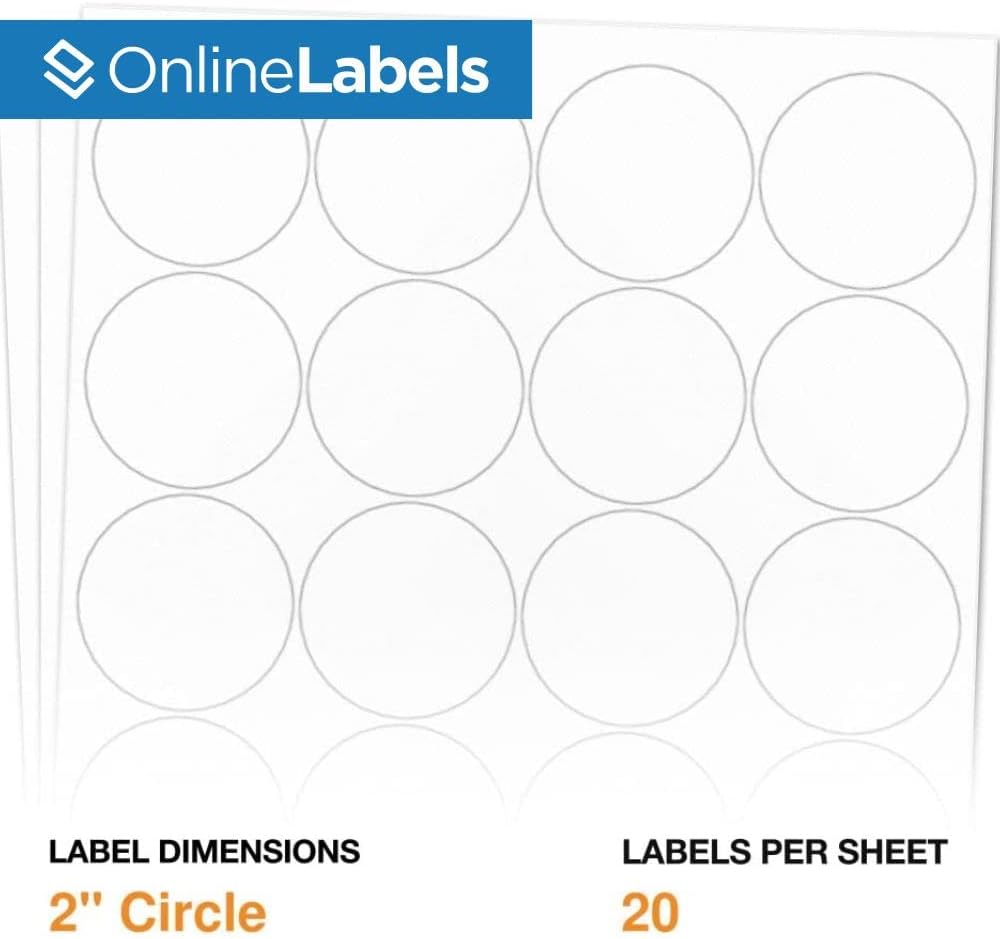 2 Inch Round Labels - Permanent, White Matte - Candle, Lid, Product, Favor Labels - Pack of 200 Circle Stickers, 10 Sheets - Inkjet/Laser Printers - Online Labels