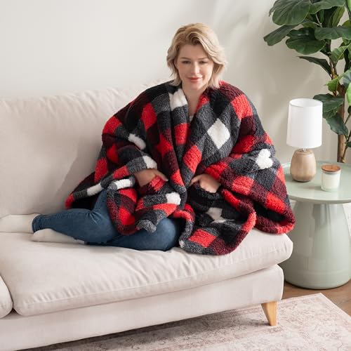 Berkshire Blanket Double Sided Sherpa Wearable Blanket,Warm Cozy Shawl with Pockets Plush Cape Wrap