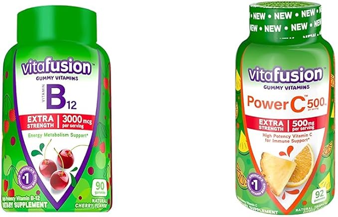 Vitafusion Extra Strength Vitamin B12 Cherry Gummy Vitamins, 90 Count Extra Strength Tropical Citrus Power C Gummy Vitamins, 92 Count