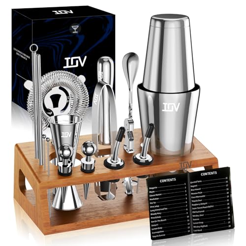 IOV Mixology Bartender Kit Bar Set with Stand | 17-Piece Cocktail Shaker Set | 28oz Boston Shaker Drink Mixer Set with All...
