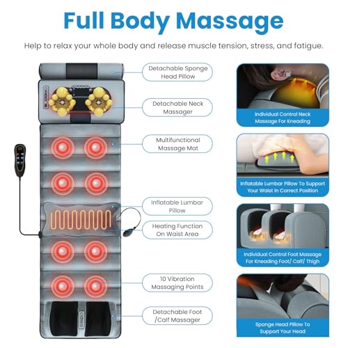 KOCASO Full Body Massage Mat with Heat, Electric Massage Mat Chair Pad Back/Neck/Foot Massager, Detachable Lumbar& Head Pi...
