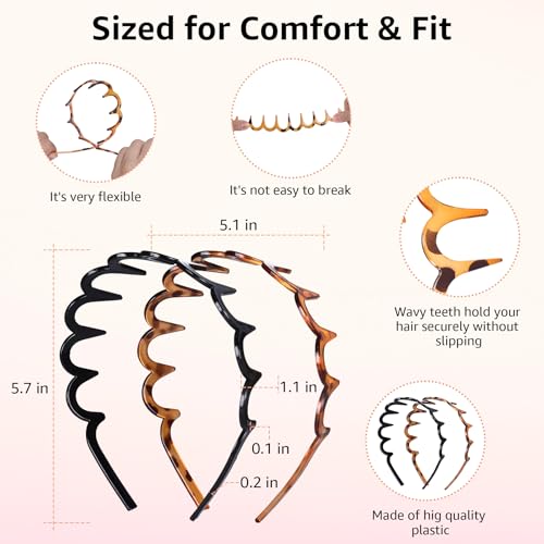 Botanikind 2 Pack Zig Zag Headbands for Women, Non-Slip Wavy Plastic Hair Comb Headbands with Teeth, U-Shape High Cranium ...