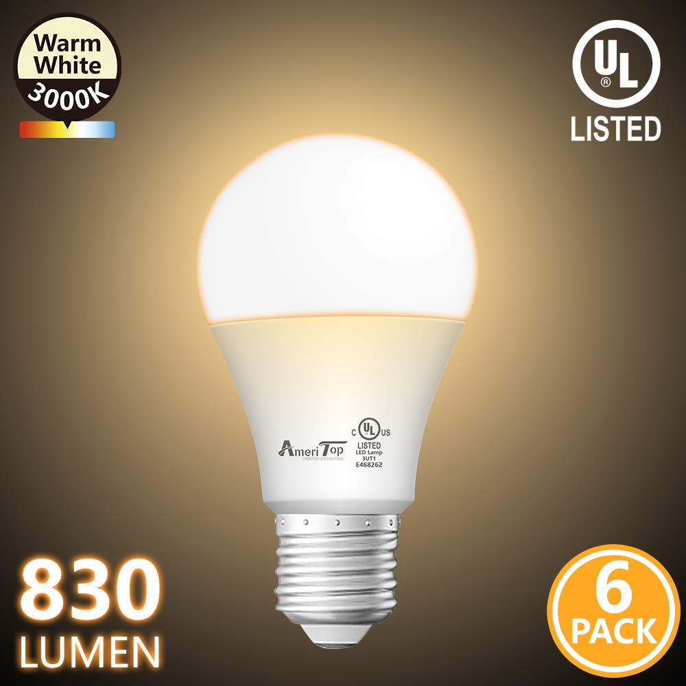 AmeriTop A19 LED Light Bulbs, 9W (60W Equivalent), 830 Lumens, 6 Pack, 3000K Warm White, Non-Dimmable, E26