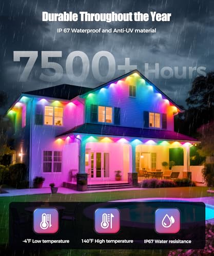 POOFZY Permanent Outdoor Lights for House,200ft RGB+IC Smart Outdoor Decor, 50 Scene Modes,App/Remote Control,for Christma...