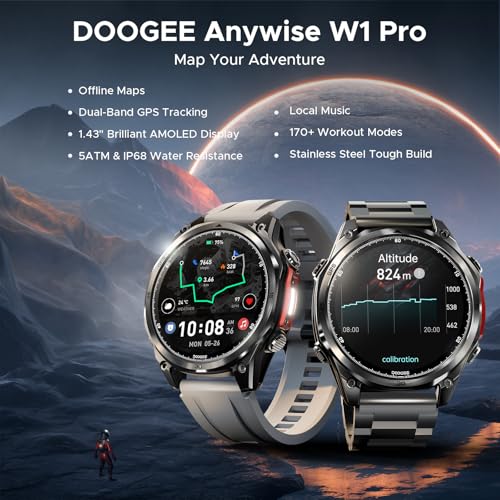 DOOGEE Anywise W1 Pro Mens Smart Watch, 5ATM Dual-Band GPS Offline Maps,1.43'' Fitness Smartwatches for Android Phone/iPho...