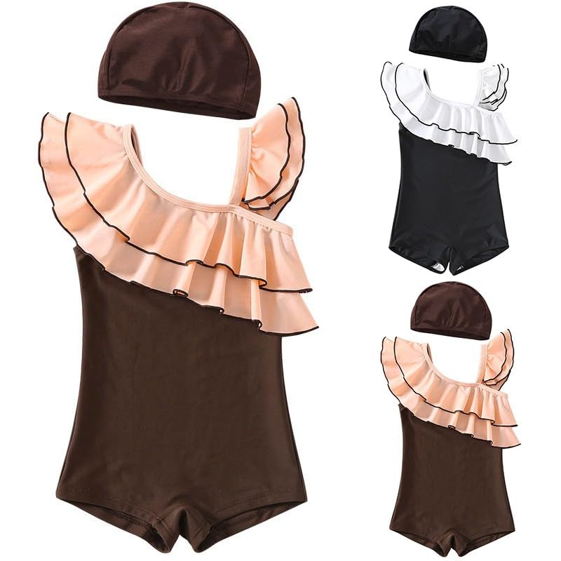 Girls Tankini Swimsuits Size 8-10 with Swim Cap Cute Ruffle Swimwear Kids Swimming Shorts for Beach & Pool