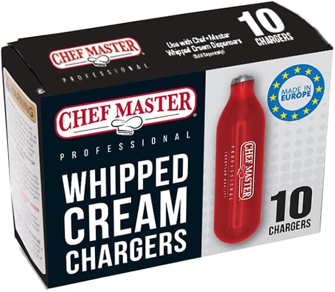 Chef Master 10 Pack N20 Whipped Cream Chargers - 8g Professional Nitrous Oxide Cartridges - Premium Whip Cream Charger Cartridge - Made in EU - Food-Safe Steel & Universal Fit for Dispensers - 90060