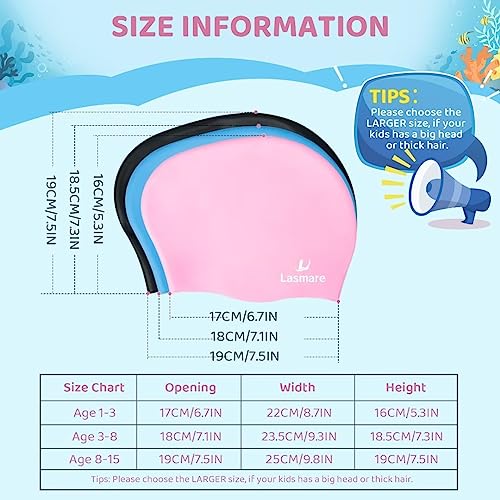 Kids Long Hair Swim Cap for Girls Boys, 3 Size Silicone Swimming Cap for Age 1-15 Toddler Children Teens, Waterproof Swim ...