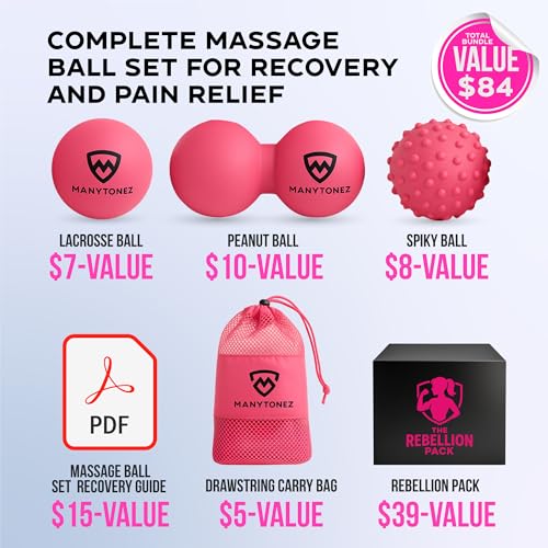 MANYTONEZ Hard Massage Ball Set - Lacrosse, Peanut, Spiky Ball (Medium Firm) with Carry Bag & eBook Guides - for Trigger P...