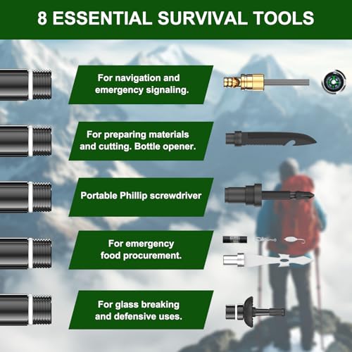 Survival Hiking Stick (8-Section Design), Modular Survival Walking Stick with 8-in-1 Essential Tools, Collapsible Survival...