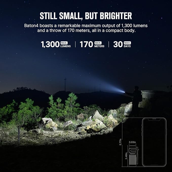 OLIGHT Baton4 Flashlight, 1300 Lumens, 6 Modes, IPX8 Waterproof, Rechargeable, Aluminum, Orange, Model BATON4-OG#300000