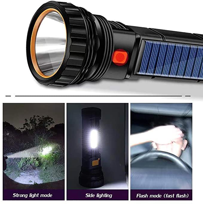 E-SHIDAI 1000 Lumens LED Flashlight, Solar/Rechargeable, Emergency Strobe Light, 2PC, Black, Model 325648795