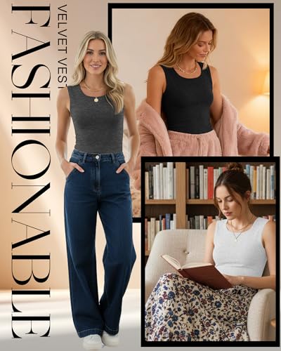 Velvelhall 4 Pcs Thermal Tank Tops for Women Fleece Lack Hem Sleeveless Underwear Scoop Neck Warm Camisole Base Layer Vest
