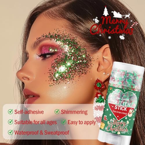Christmas Body Glitter Stick, Red Green and White Face Glitter Accessories, Waterproof Face Hair Glitter Makeup, Christmas...