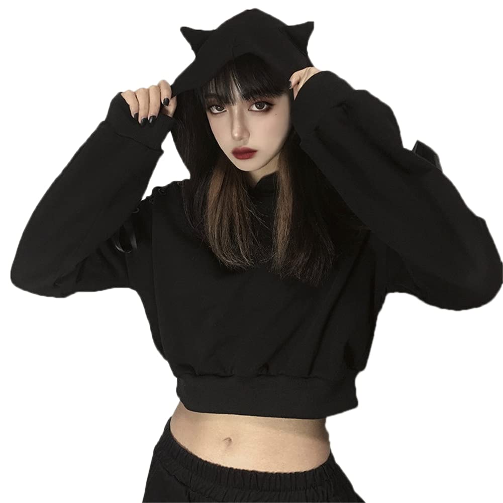 YANOOLH Women Cat Ear Hoodies Long Sleeve Off Shoulder Cute Crop Top Pullover Hoodie Sweatshirt Black M
